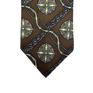 Yves Saint Laurent Vintage 70s Silk Tie Brown Lattice Circle Motifs